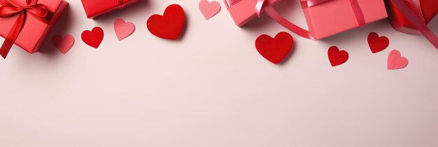 Arrière-plan du jour de la Saint-Valentin avec des boîtes à cadeaux et des cœurs rouges sur fond blanc vue supérieure