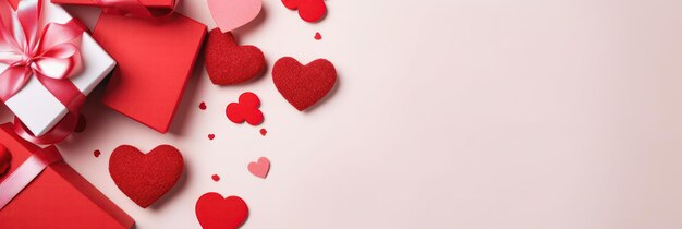 Arrière-plan du jour de la Saint-Valentin avec des boîtes à cadeaux et des cœurs rouges sur fond blanc vue supérieure