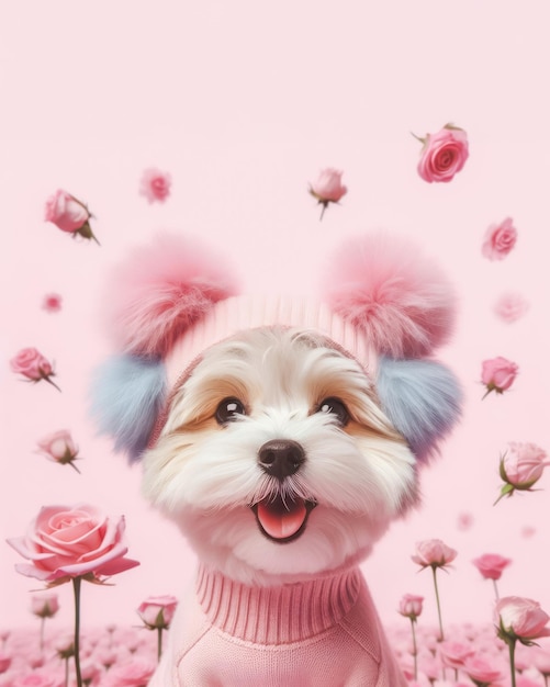 Photo arrière-plan du jour de la saint-valentin avec un mignon chiot dans le jardin de roses