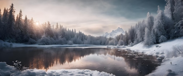 Arrière-plan du lac enneigé en hiver