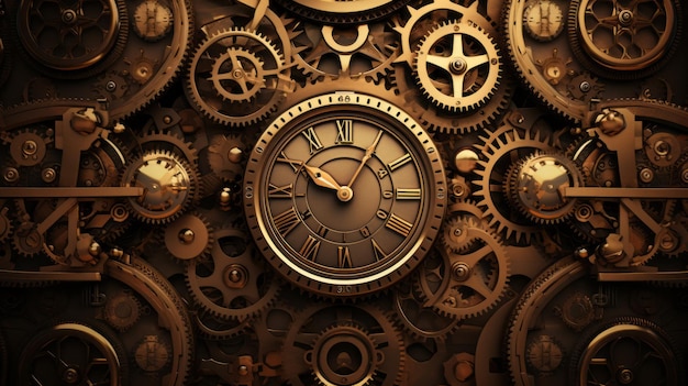 Arrière-plan du mécanisme d'horloge Steampunk IA générative