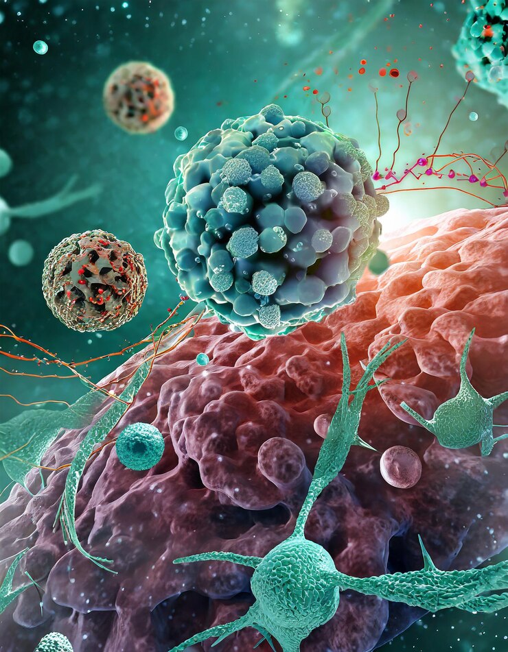 Arrière-plan du microenvironnement de la tumeur avec des cellules cancéreuses, des cellules, des nanoparticules, des molécules.