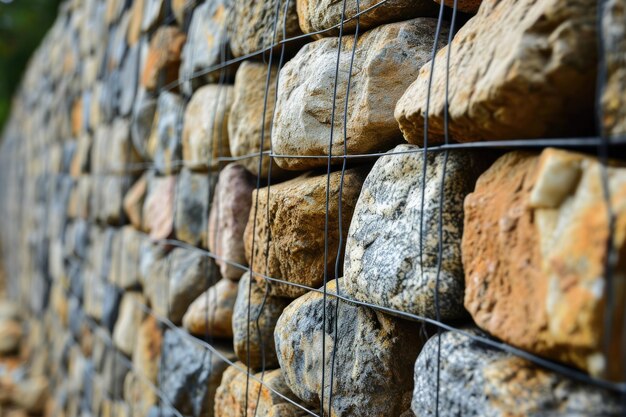 Arrière-plan du mur de soutènement texturé en maille de pierre avec des paniers de gabion