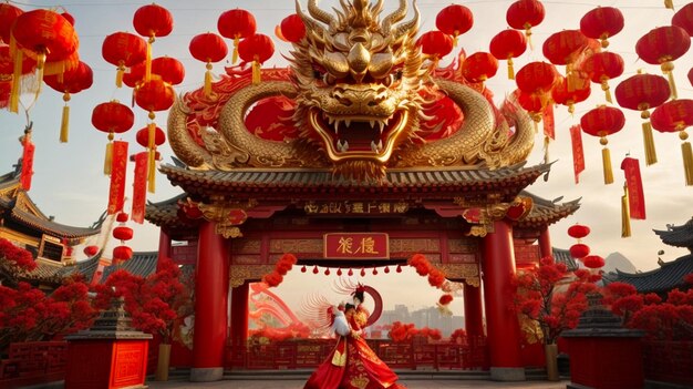 Photo arrière-plan du nouvel an chinois célébrant l'année du dragon 2024