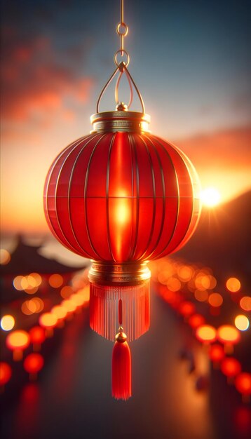 Arrière-plan du Nouvel An chinois avec une lanterne au coucher du soleil avec des lumières bokeh floues