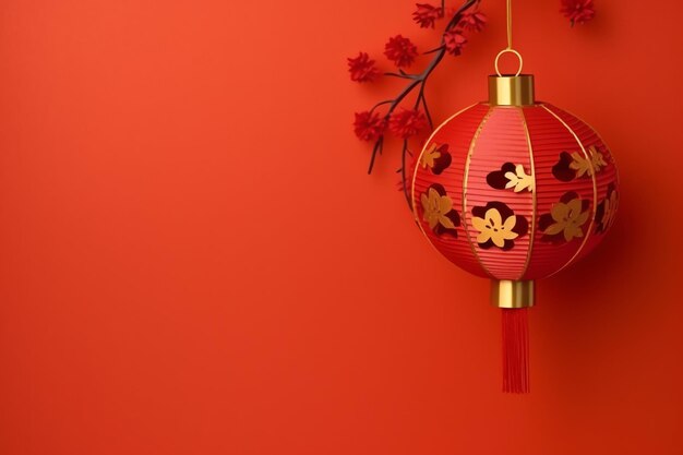 Photo arrière-plan du nouvel an chinois avec des lanternes traditionnelles, des fleurs de sakura et une copie de l'espace année nouvelle lunaire