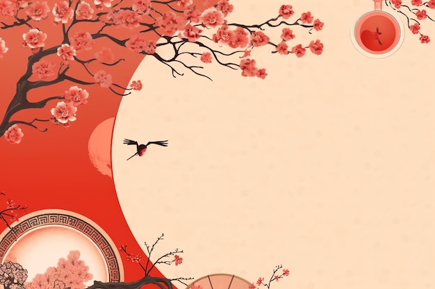 Arrière-plan du nouvel an chinois avec des lanternes traditionnelles, des fleurs de sakura et une copie de l'espace Année nouvelle lunaire