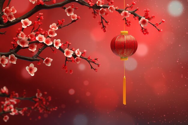 Arrière-plan du nouvel an chinois avec des lanternes traditionnelles, des fleurs de sakura et une copie de l'espace Année nouvelle lunaire