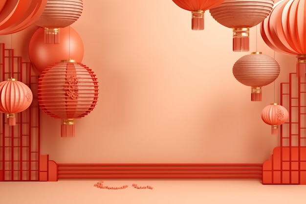 Arrière-plan du nouvel an chinois avec des lanternes traditionnelles, des fleurs de sakura et une copie de l'espace Année nouvelle lunaire