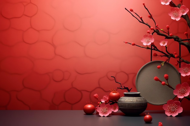 Arrière-plan du nouvel an chinois avec des lanternes traditionnelles, des fleurs de sakura et une copie de l'espace Année nouvelle lunaire