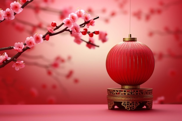 Arrière-plan du Nouvel An chinois avec des lanternes traditionnelles, des fleurs de sakura et une copie de l'espace