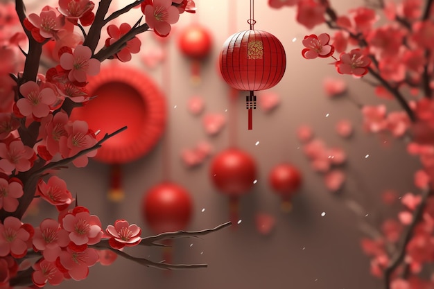 Arrière-plan du Nouvel An chinois avec des lanternes traditionnelles, des fleurs de sakura et une copie de l'espace