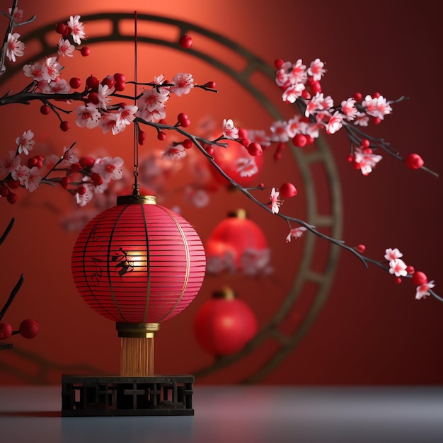 Arrière-plan du Nouvel An chinois avec des lanternes traditionnelles, des fleurs de sakura et une copie de l'espace