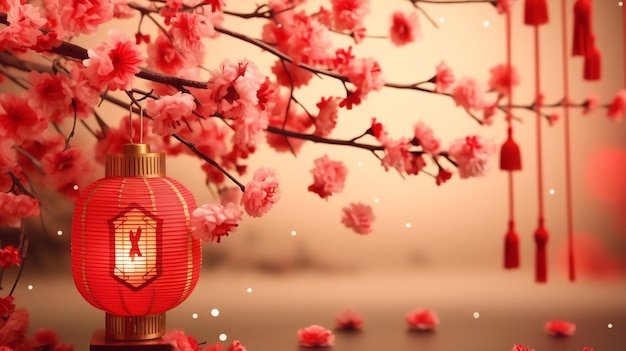 Arrière-plan du Nouvel An chinois avec des lanternes traditionnelles, des fleurs de sakura et une copie de l'espace