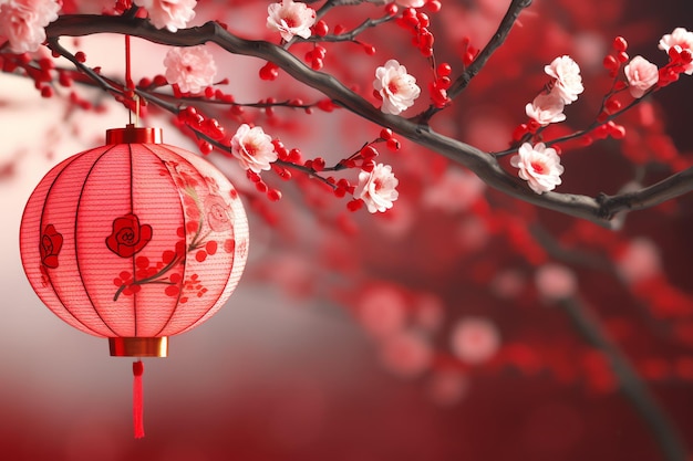 Arrière-plan du Nouvel An chinois avec des lanternes traditionnelles, des fleurs de sakura et une copie de l'espace
