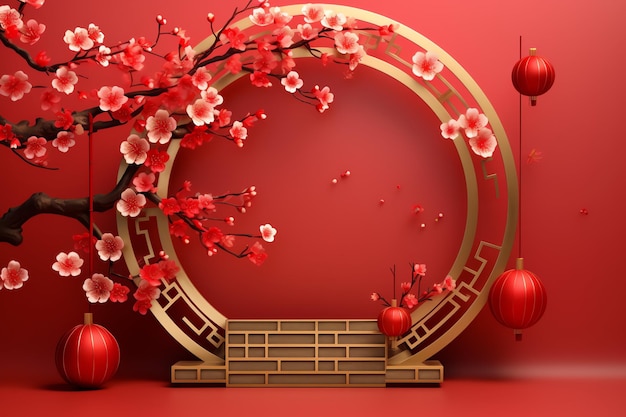 Arrière-plan du Nouvel An chinois avec des lanternes traditionnelles, des fleurs de sakura et une copie de l'espace