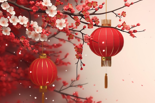 Arrière-plan du Nouvel An chinois avec des lanternes traditionnelles, des fleurs de sakura et une copie de l'espace