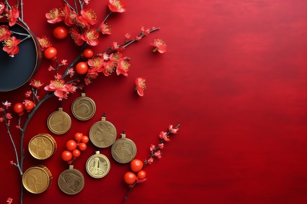 Arrière-plan du Nouvel An chinois avec des lanternes traditionnelles, des fleurs de sakura et une copie de l'espace