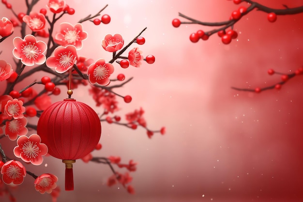 Photo arrière-plan du nouvel an chinois avec des lanternes traditionnelles, des fleurs de sakura et une copie de l'espace