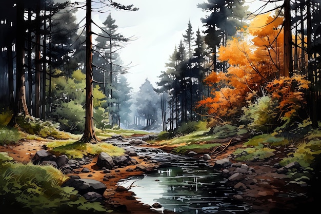 Arrière-plan du paysage à l'aquarelle d'automne Ai art génératif