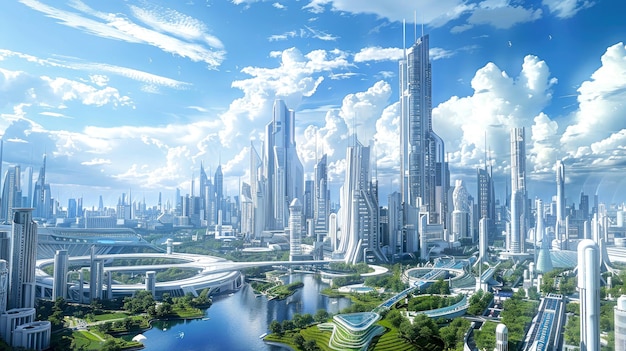 Arrière-plan du paysage urbain futuriste Une belle ville écologique illustrée par l'IA