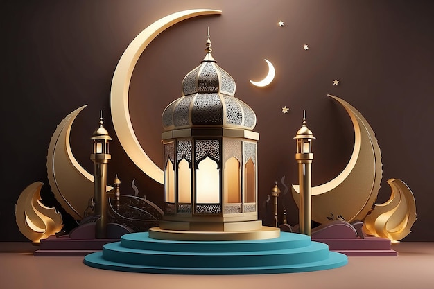 Arrière-plan du podium de l'affichage islamique du ramadan avec un rendu 3D de la lanterne arabe et du croissant de lune