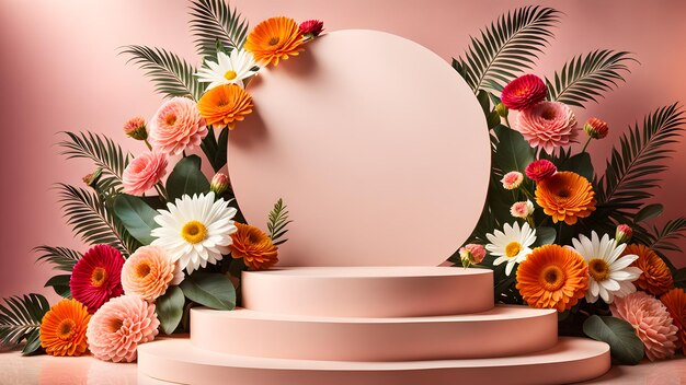 Photo arrière-plan du podium décoré de fleurs colorées