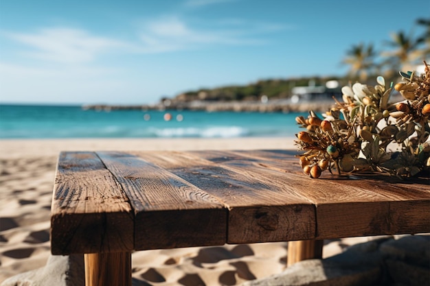 Arrière-plan du produit côtier La plage floue complète les ponts en bois Potentiel d'affichage polyvalent