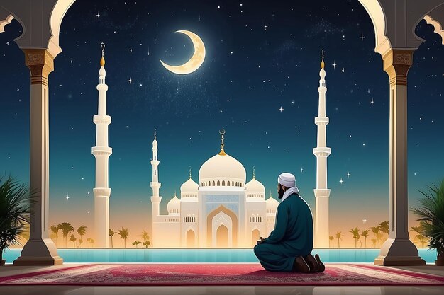 Arrière-plan du Ramadan avec un couple de musulmans priant avec l'illustration de la mosquée scène de la nuit sainte du Ramadan