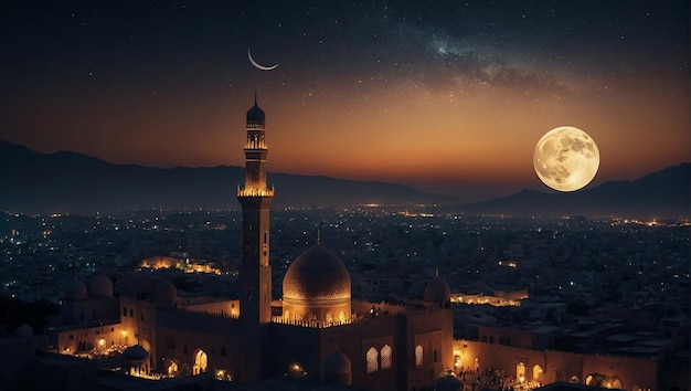 Photo arrière-plan du ramadan kareem avec l'étoile du croissant de lune et la mosquée