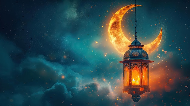 Arrière-plan du Ramadan Kareem Lanterne arabe ornementale avec une bougie brûlante