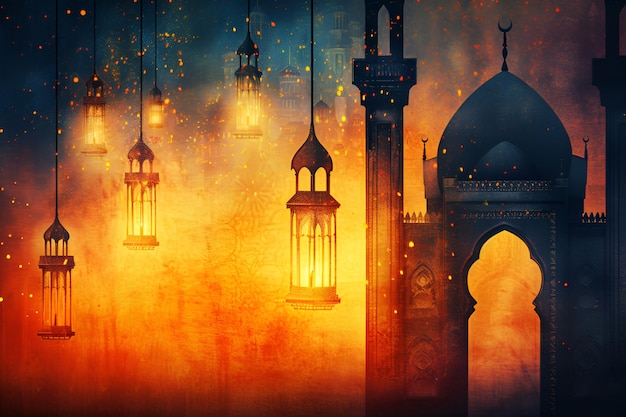 Arrière-plan du Ramadan avec des lanternes et une architecture arabe