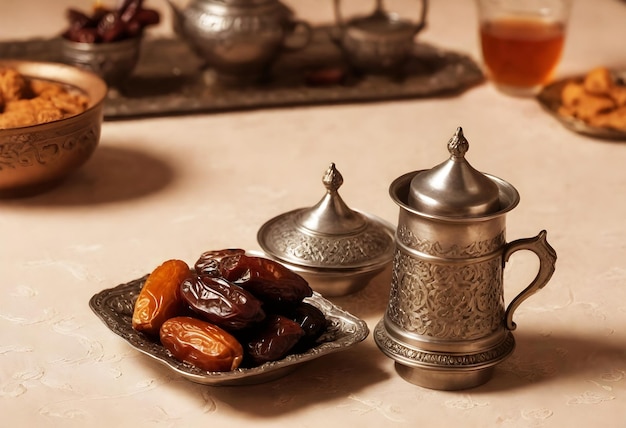 Arrière-plan du ramadan Un thé en verre avec un support métallique traditionnel avec des dattes