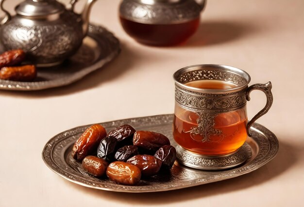 Arrière-plan du ramadan Un thé en verre avec un support métallique traditionnel avec des dattes