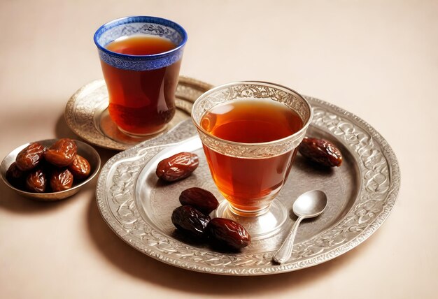 Arrière-plan du ramadan Un thé en verre avec un support métallique traditionnel avec des dattes