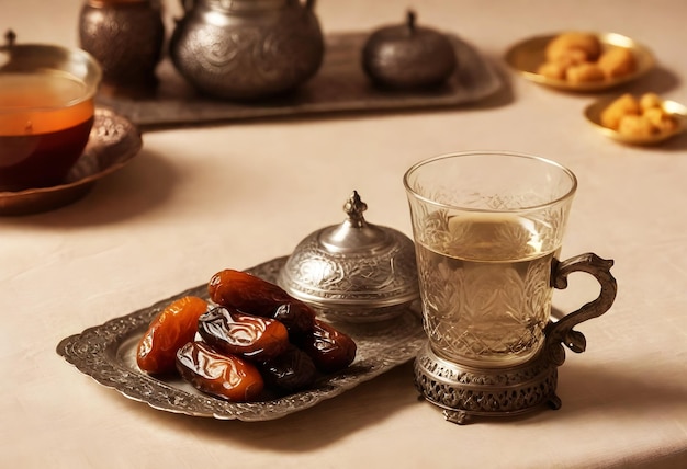 Arrière-plan du ramadan Un thé en verre avec un support métallique traditionnel avec des dattes