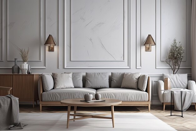 Arrière-plan du salon intérieur avec canapé gris contre mur blanc et lampe de table Modèles de murs et de sols en bois avec un design texturé