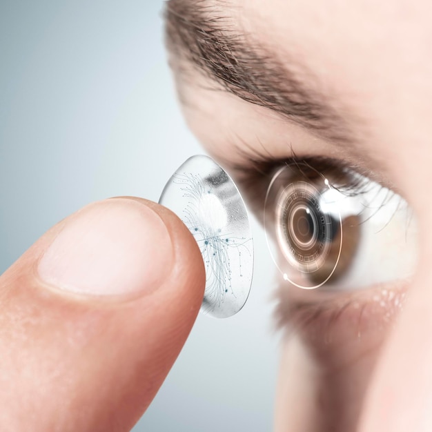 Arrière-plan du site Web de l'œil avec lentille de contact intelligente