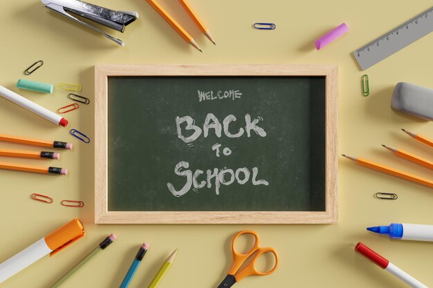 L'arrière-plan du tableau noir avec le concept d'ouverture de l'école rendu 3D