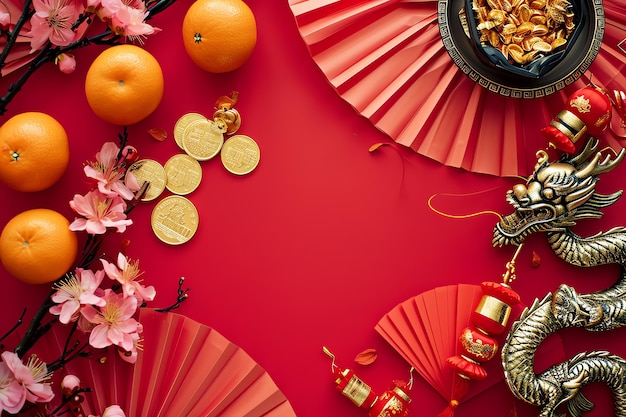 Arrière-plan du thème du Nouvel An chinois avec des ventilateurs rouges des pièces d'or des mandarines des fleurs de cerisier des fêtes des branches dorées des souhaits de décoration des enveloppes
