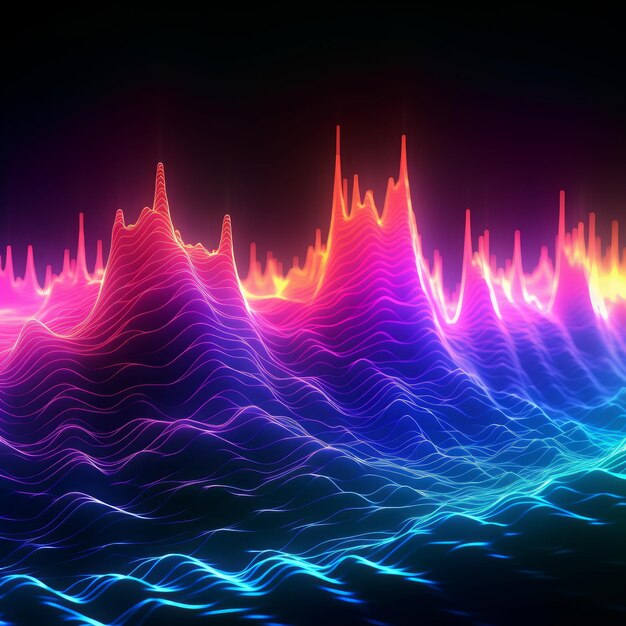 Arrière-plan dynamique et lumineux avec des ondes sonores aux couleurs néon AI générative