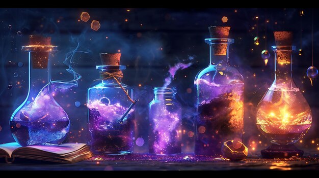 Arrière-plan de l'eau de potion magique avec des textures de bouteilles de potion mystique Sw Collage Layout Art