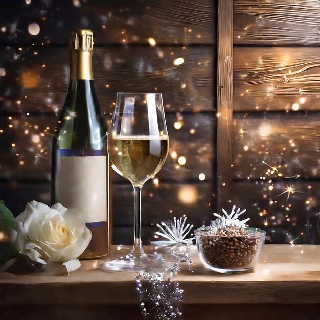 arrière-plan éclairé par des lumières floues avec des verres de vin mousseux des verres à champagne sur un bois