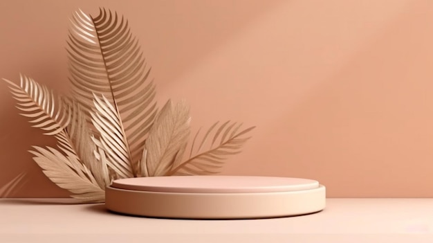 Arrière-plan avec un effet 3D une plate-forme en bois avec une ombre de feuille de palmier et de la verdure faisant la promotion d'un produit GENERATE AI