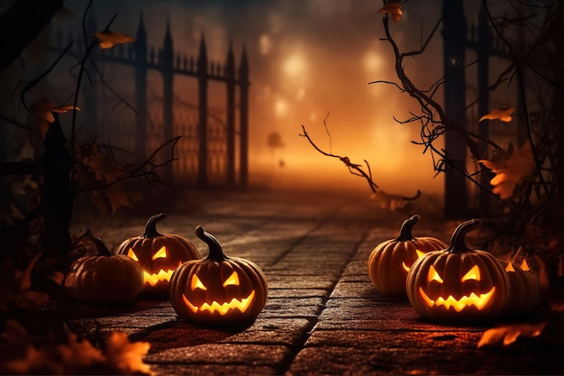 Arrière-plan effrayant d'Halloween avec des citrouilles Entrez dans l'esprit festif avec cette scène captivante et étrange Generative AI