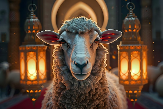 Arrière-plan d'Eid Al Adha Mubarak avec des moutons et une lanterne islamique