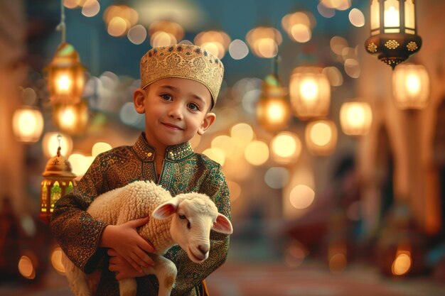 Arrière-plan d'Eid Al Adha petit garçon tenant un mouton avec une belle mosquée et une lanterne traditionnelle