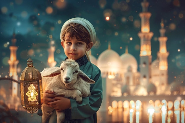 Arrière-plan d'Eid Al Adha petit garçon tenant un mouton avec une belle mosquée et une lanterne traditionnelle