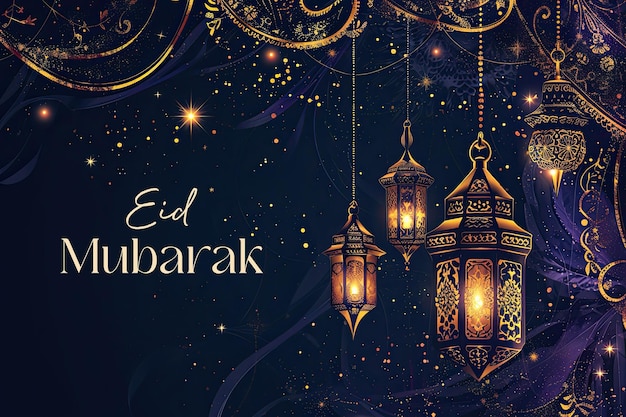 Arrière-plan d'Eid Mubarak avec des lanternes dorées arabes dans le noir