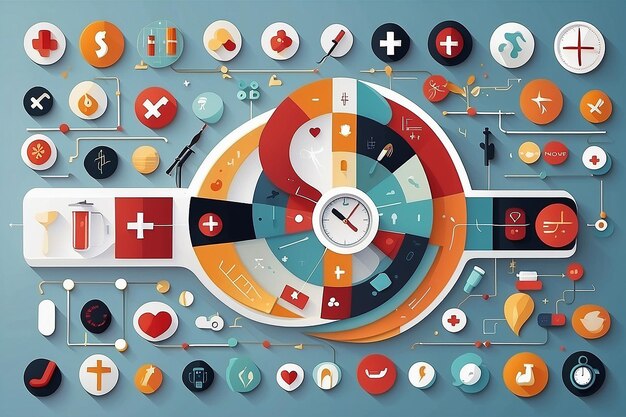 Photo arrière-plan de l'équipement médical abstrait avec des cercles croisés et des icônes plates